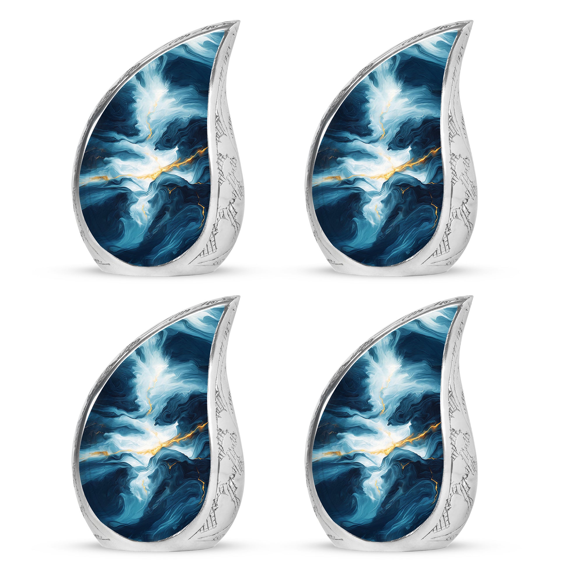 Cornflower Blue Blue Cremation Urn close-up of engraving and surface detail - smooth teardrop contour featuring blue art - 10 inch aluminum urn for cremated remains