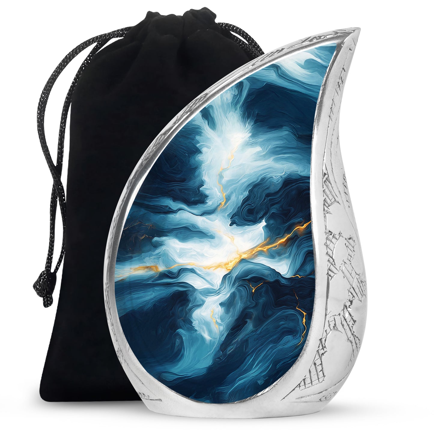 Calming Blue Blue Cremation Urn front view showing detailed design - graceful tear-shaped urn with blue motif - full-size 10 inch 200 cubic inch adult cremation urn
