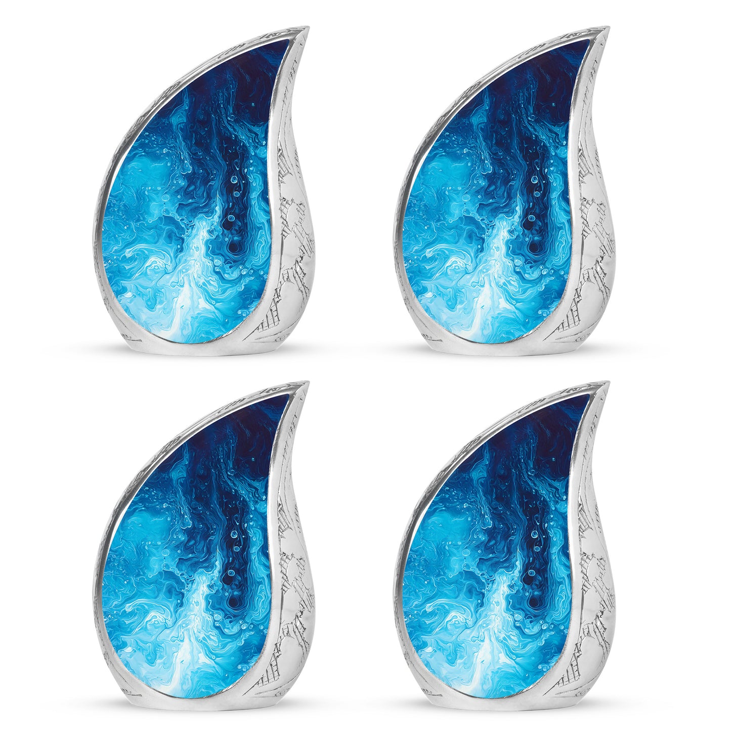 Serene Blue Blue Cremation Urn close-up of engraving and surface detail - smooth teardrop contour featuring blue art - 10 inch aluminum urn for cremated remains