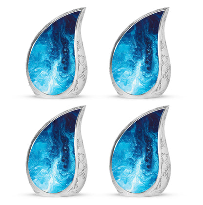 Serene Blue Blue Cremation Urn close-up of engraving and surface detail - smooth teardrop contour featuring blue art - 10 inch aluminum urn for cremated remains