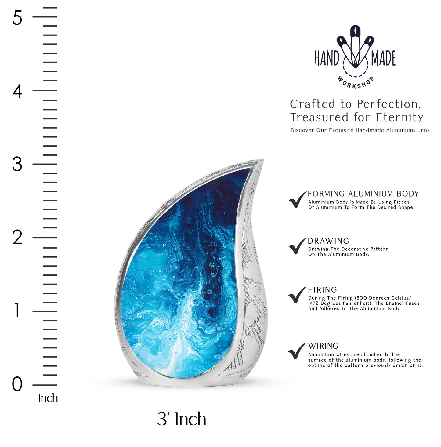 Pastel Blue Blue Cremation Urn angled view of lid and engraved motif - rounded teardrop blue design with delicate detail - mini keepsake memorial for portion of cremation ashes