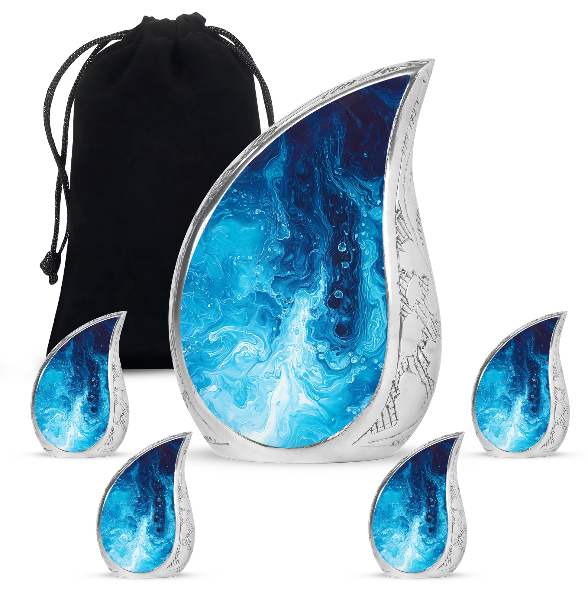 Azure Blue Cremation Urn side profile showing urn shape - flowing teardrop blue silhouette on curved aluminum - memorial set with one large and four small urns