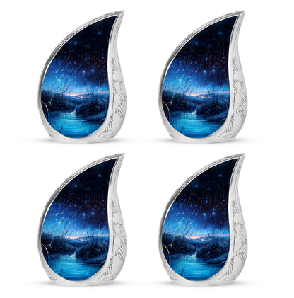 Ebony Blue Cremation Urn close-up of engraving and surface detail - flowing teardrop blue silhouette on curved aluminum - 10 inch aluminum urn for cremated remains
