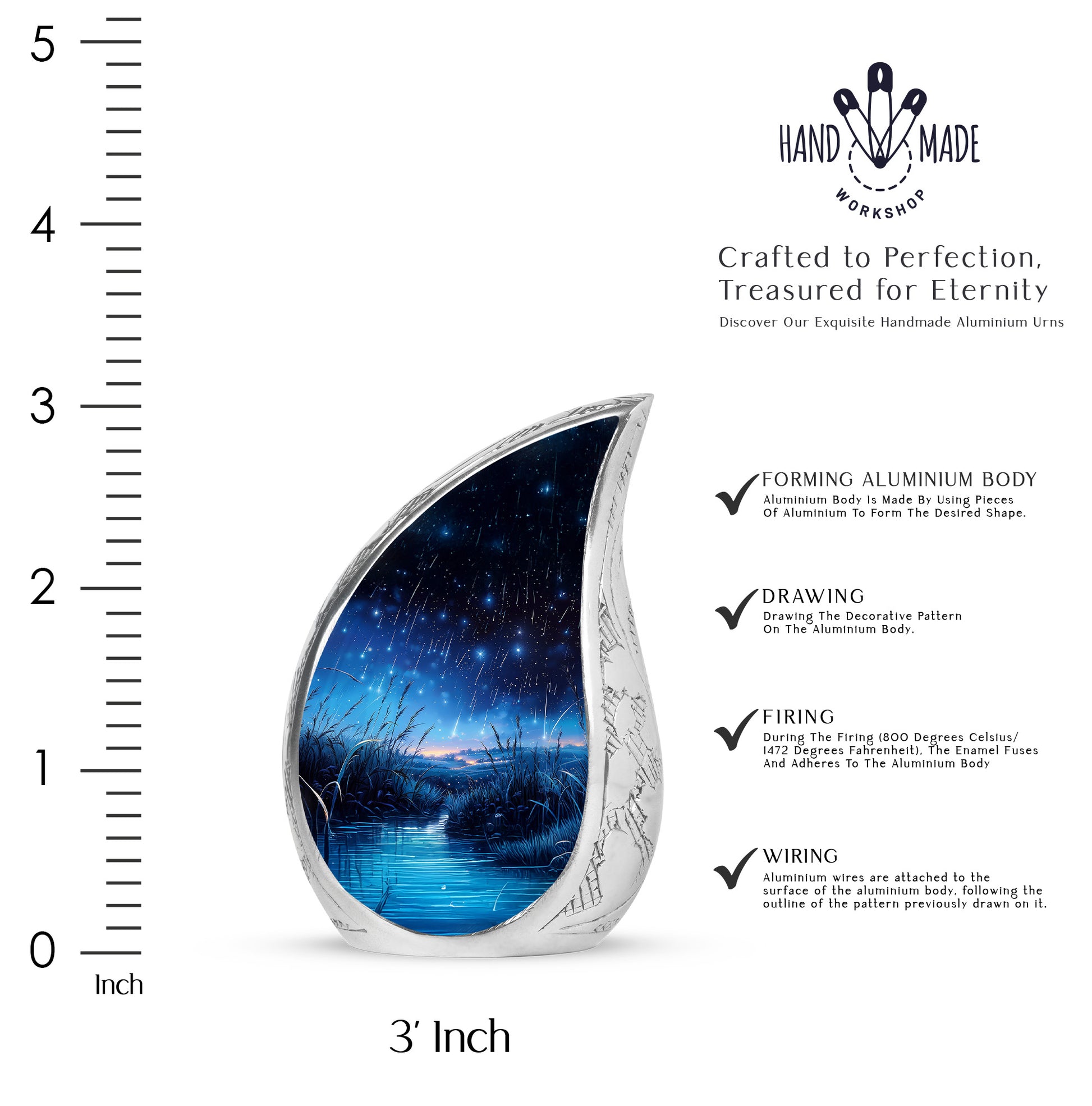 Dark Black Blue Cremation Urn angled view of lid and engraved motif - graceful tear-shaped urn with blue motif - mini keepsake memorial for portion of cremation ashes