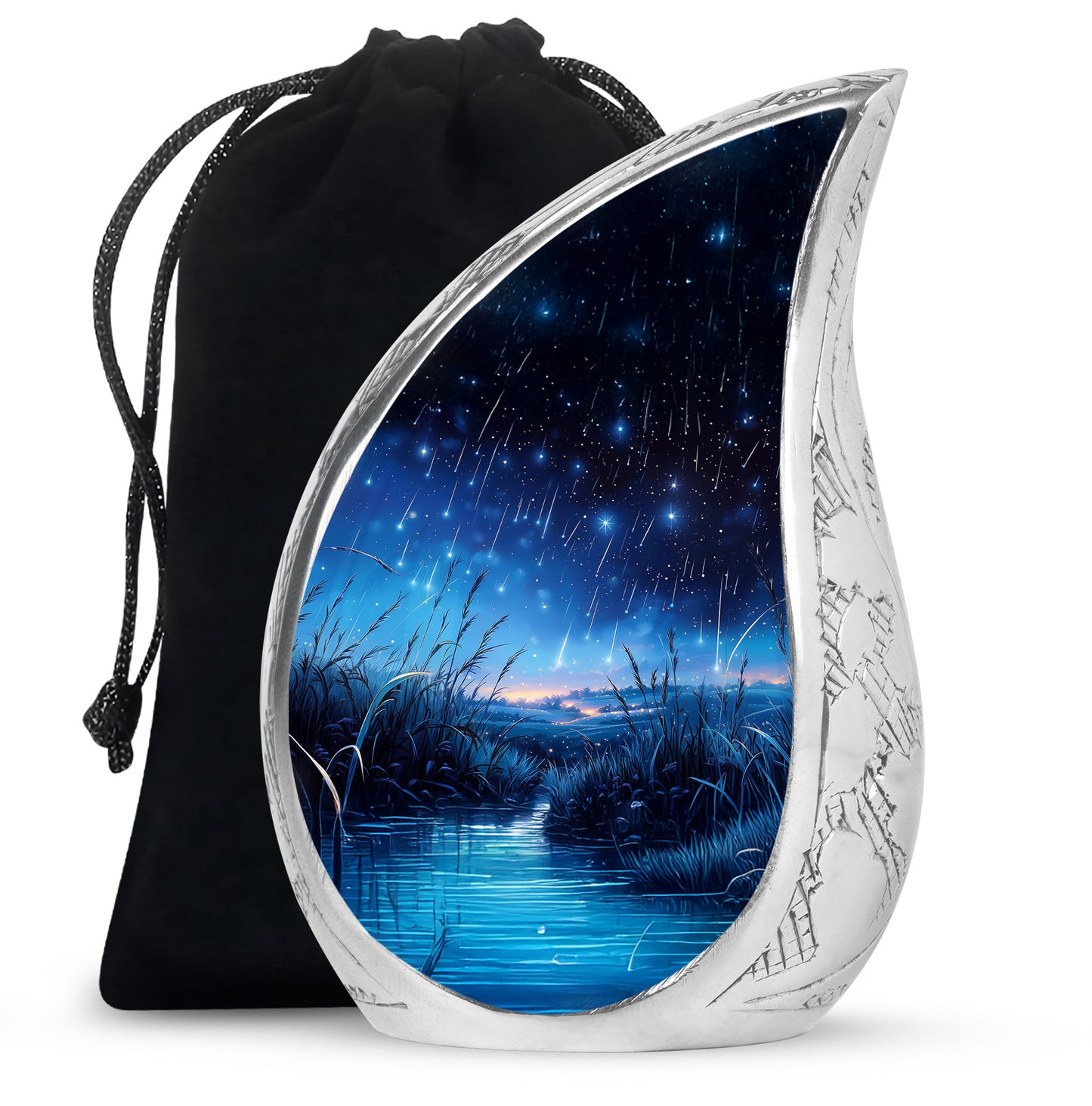 Jet Black Blue Cremation Urn front view showing detailed design - rounded teardrop blue design with delicate detail - full-size 10 inch 200 cubic inch adult cremation urn