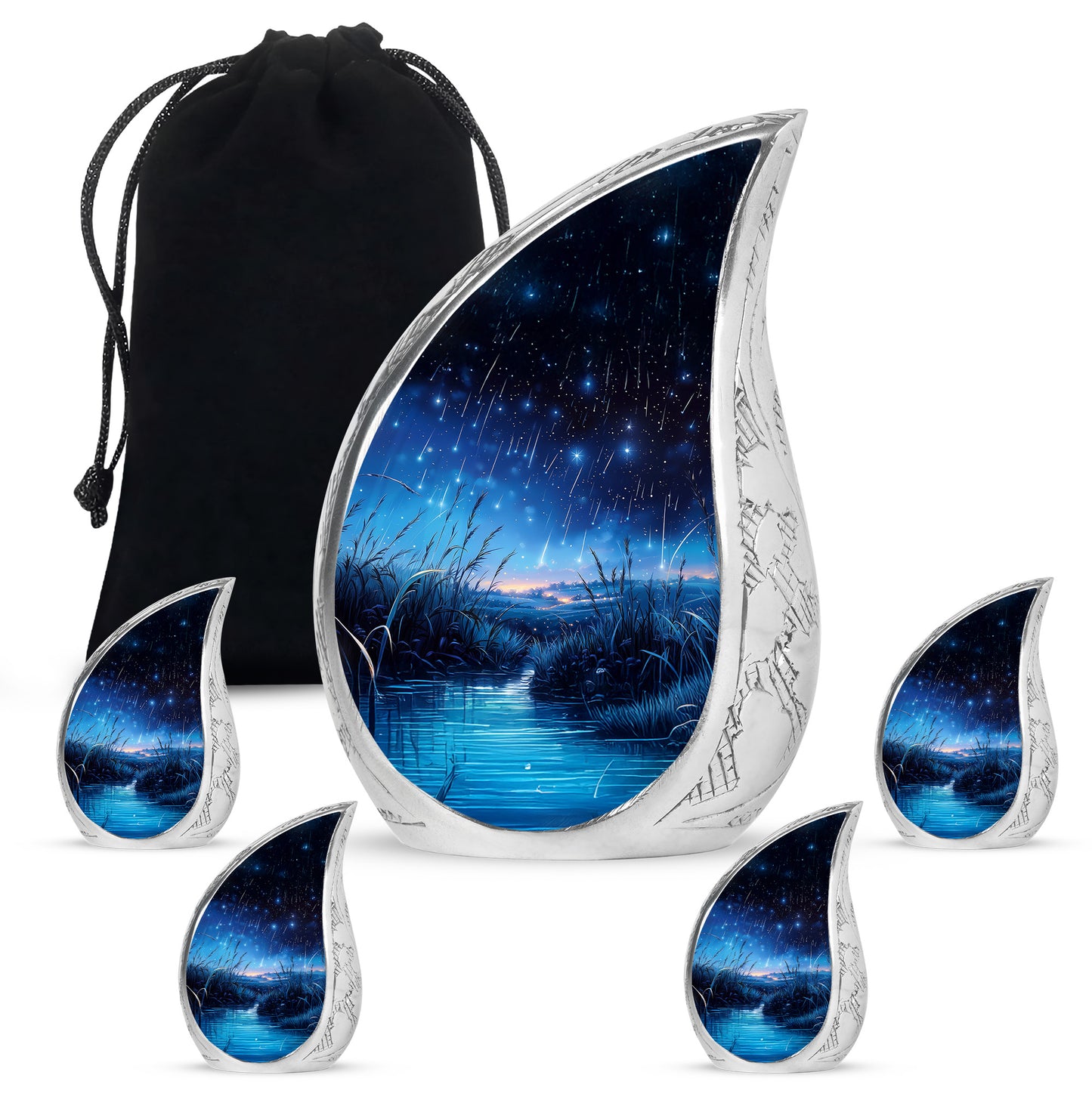 Rich Black Blue Cremation Urn side profile showing urn shape - rounded teardrop blue design with delicate detail - memorial set with one large and four small urns