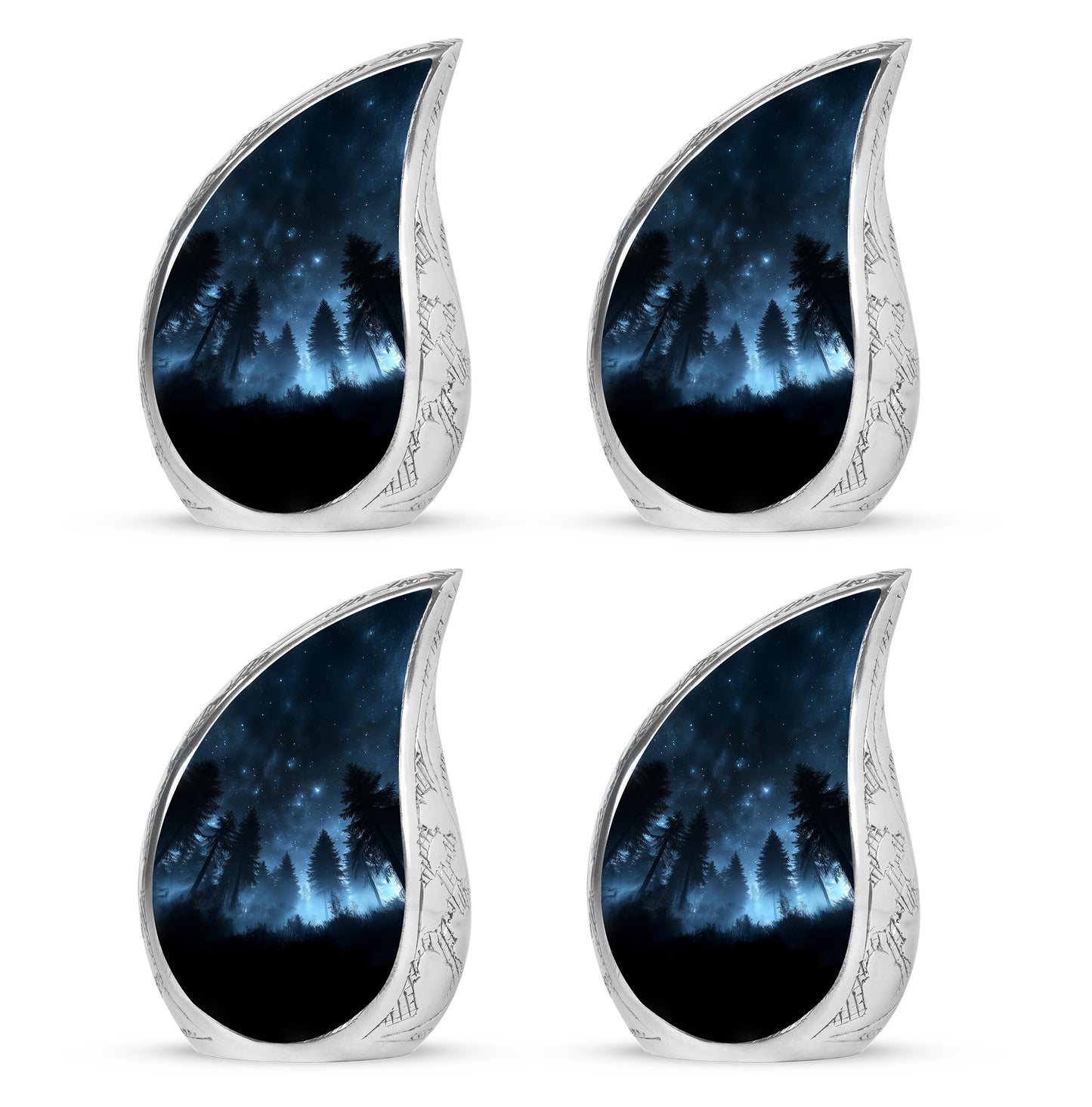 Obsidian Black Blue Cremation Urn close-up of engraving and surface detail - smooth teardrop contour featuring blue art - 10 inch aluminum urn for cremated remains