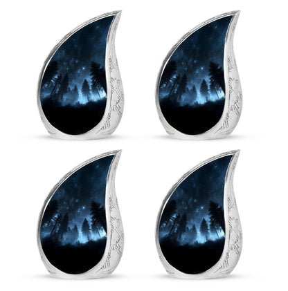 Obsidian Black Blue Cremation Urn close-up of engraving and surface detail - smooth teardrop contour featuring blue art - 10 inch aluminum urn for cremated remains