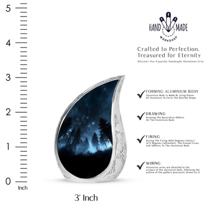 Obsidian Black Blue Cremation Urn angled view of lid and engraved motif - smooth teardrop contour featuring blue art - mini keepsake memorial for portion of cremation ashes