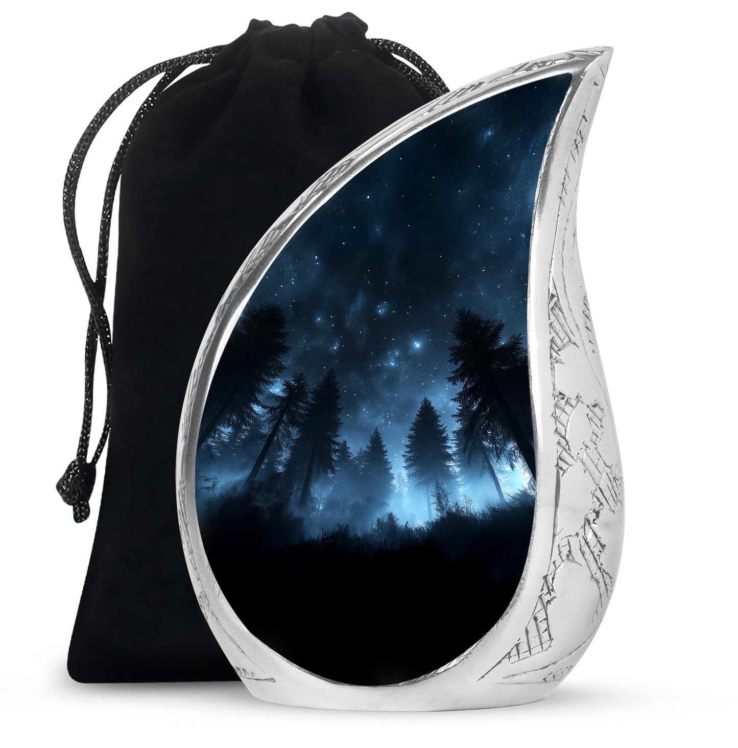 Obsidian Black Blue Cremation Urn front view showing detailed design - graceful tear-shaped urn with blue motif - full-size 10 inch 200 cubic inch adult cremation urn