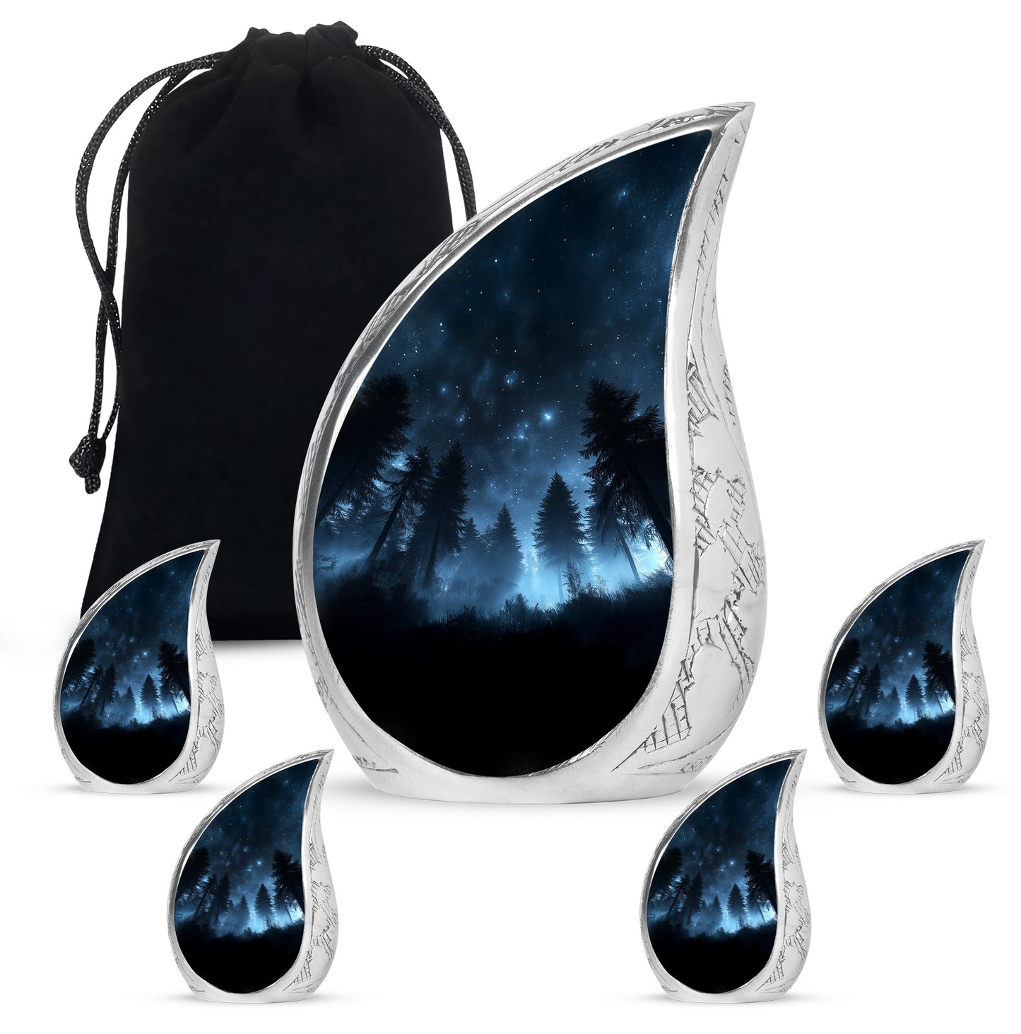 Glossy Black Blue Cremation Urn side profile showing urn shape - rounded teardrop blue design with delicate detail - memorial set with one large and four small urns