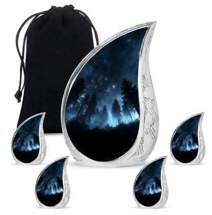 Glossy Black Blue Cremation Urn side profile showing urn shape - rounded teardrop blue design with delicate detail - memorial set with one large and four small urns