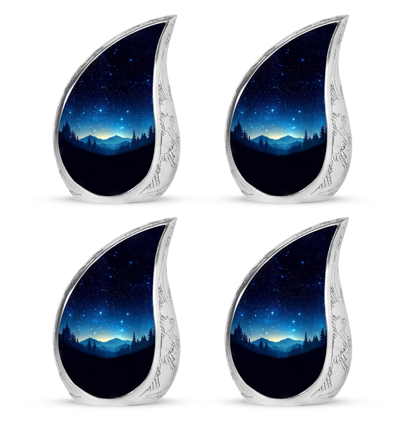 Dark Black Blue Cremation Urn close-up of engraving and surface detail - smooth teardrop contour featuring blue art - 10 inch aluminum urn for cremated remains