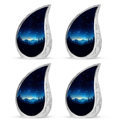 Dark Black Blue Cremation Urn close-up of engraving and surface detail - smooth teardrop contour featuring blue art - 10 inch aluminum urn for cremated remains