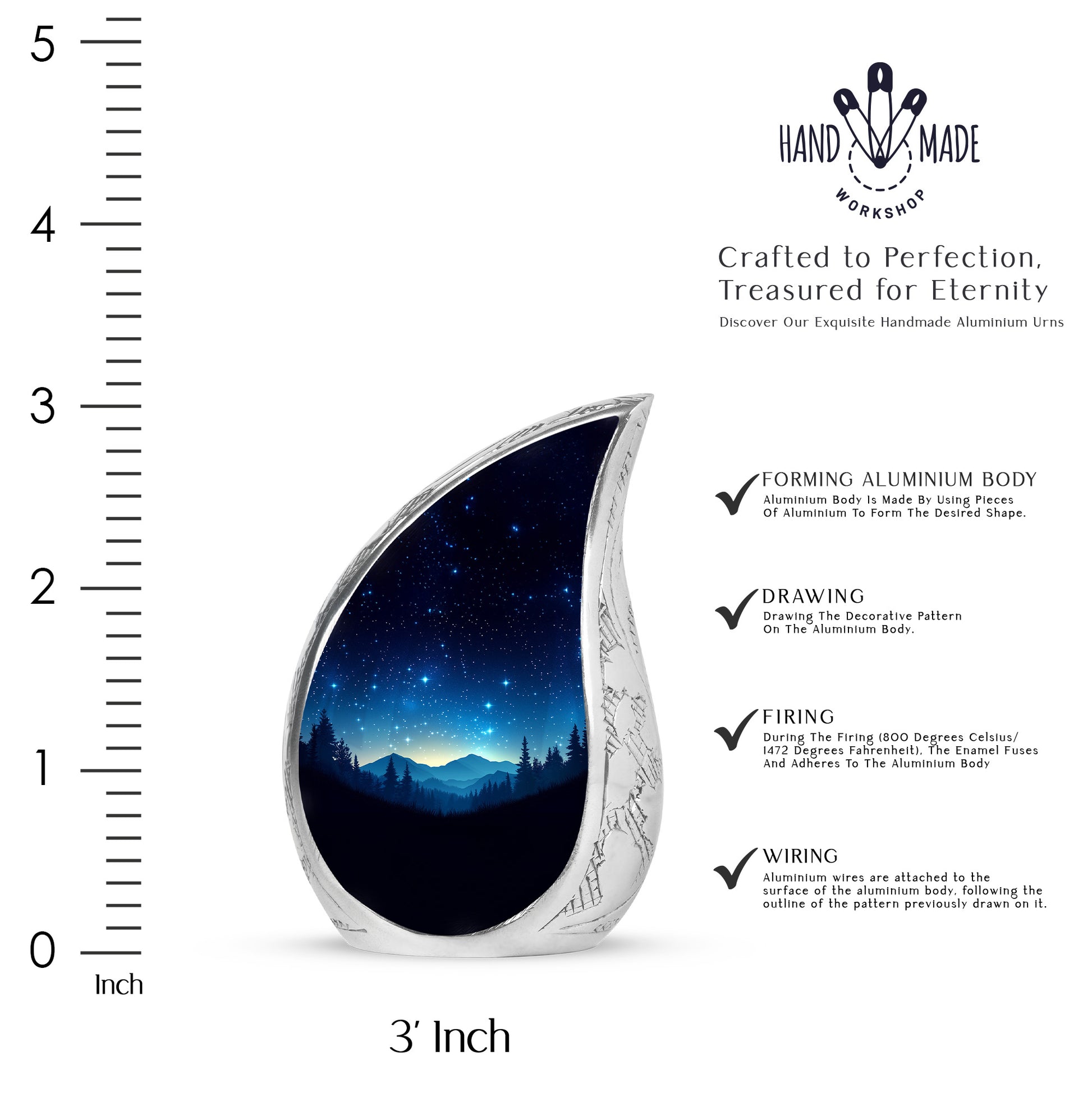 Jet Black Blue Cremation Urn angled view of lid and engraved motif - flowing teardrop blue silhouette on curved aluminum - mini keepsake memorial for portion of cremation ashes