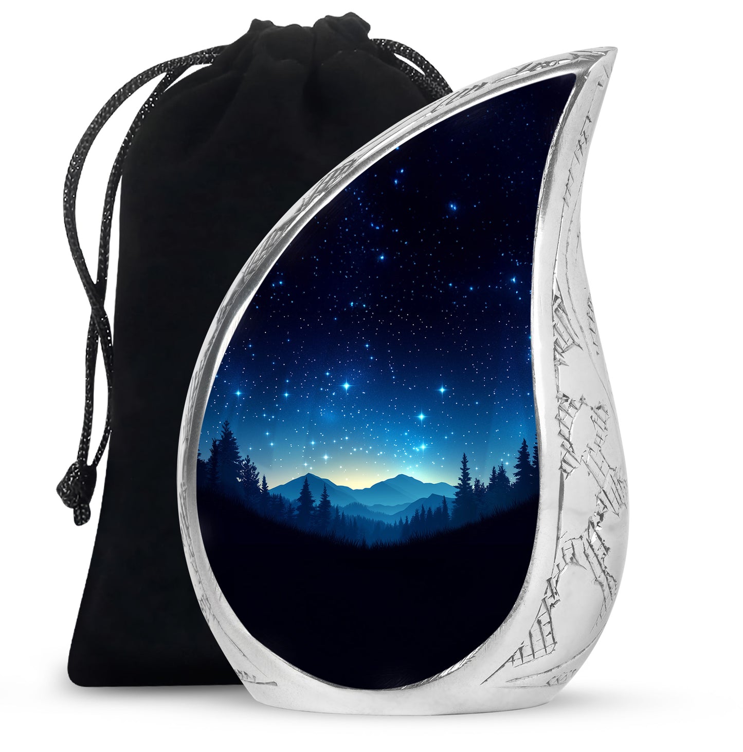 Ebony Blue Cremation Urn front view showing detailed design - flowing teardrop blue silhouette on curved aluminum - full-size 10 inch 200 cubic inch adult cremation urn