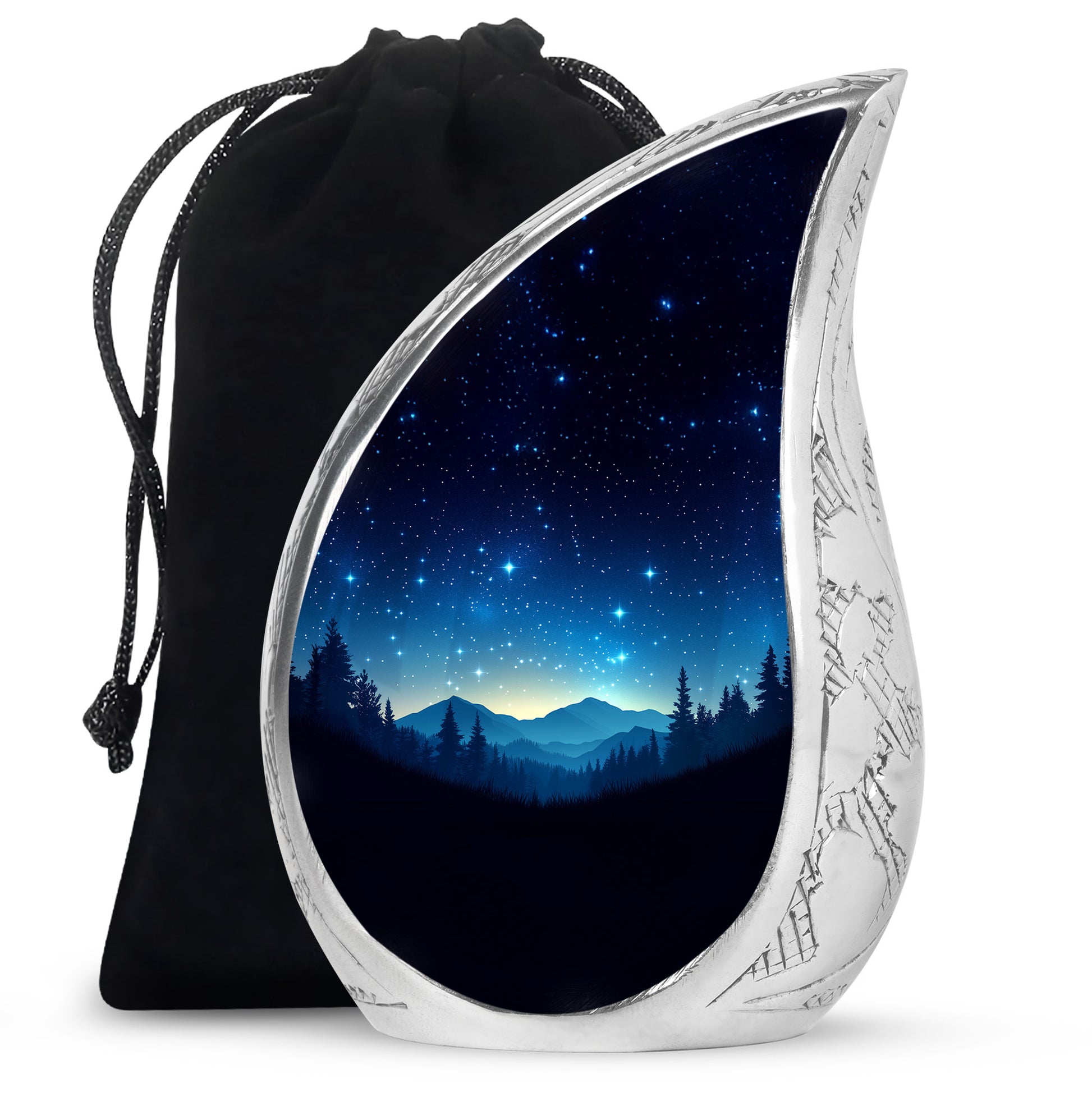 Ebony Blue Cremation Urn front view showing detailed design - flowing teardrop blue silhouette on curved aluminum - full-size 10 inch 200 cubic inch adult cremation urn