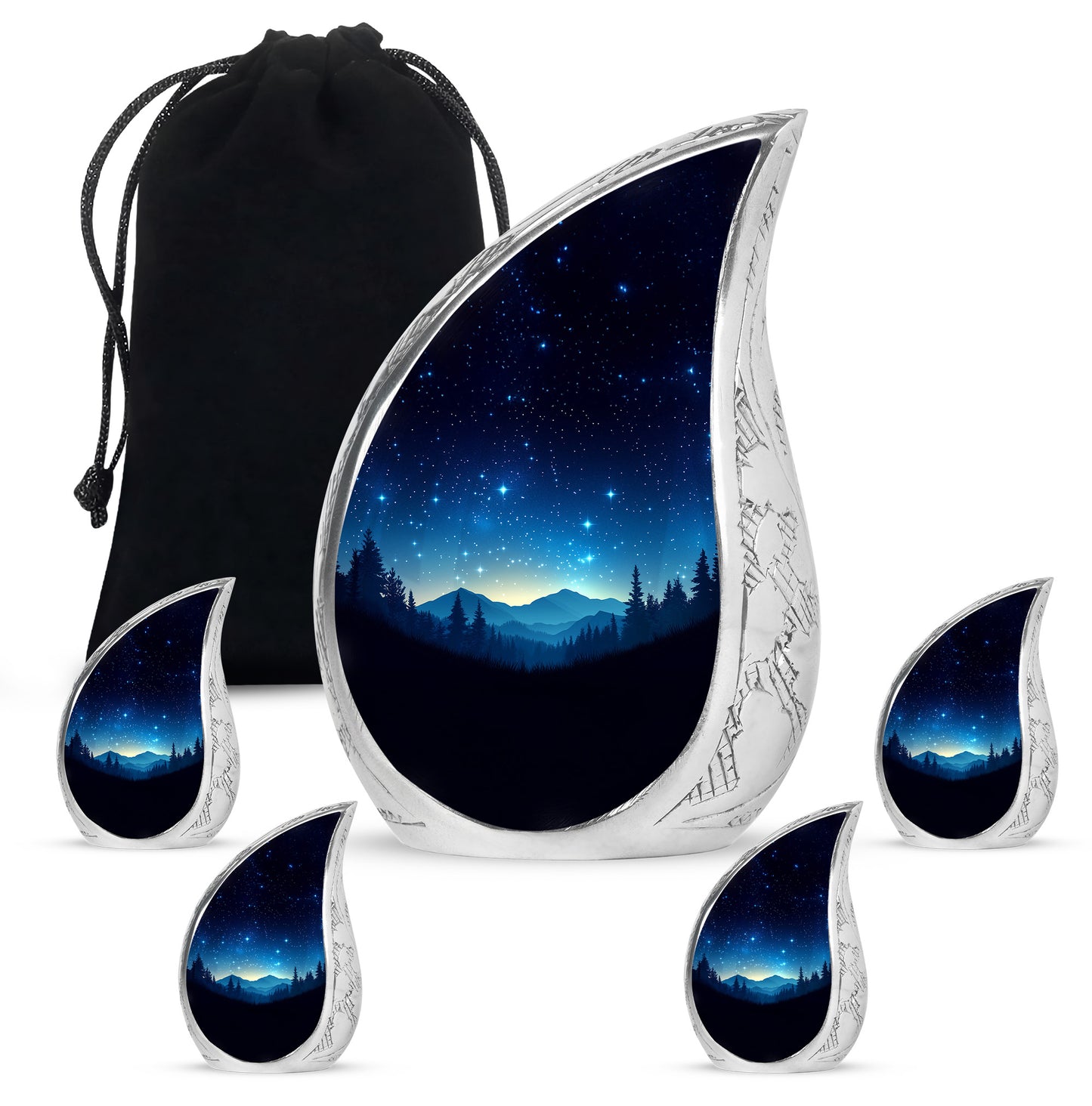 Onyx Black Blue Cremation Urn side profile showing urn shape - graceful tear-shaped urn with blue motif - memorial set with one large and four small urns