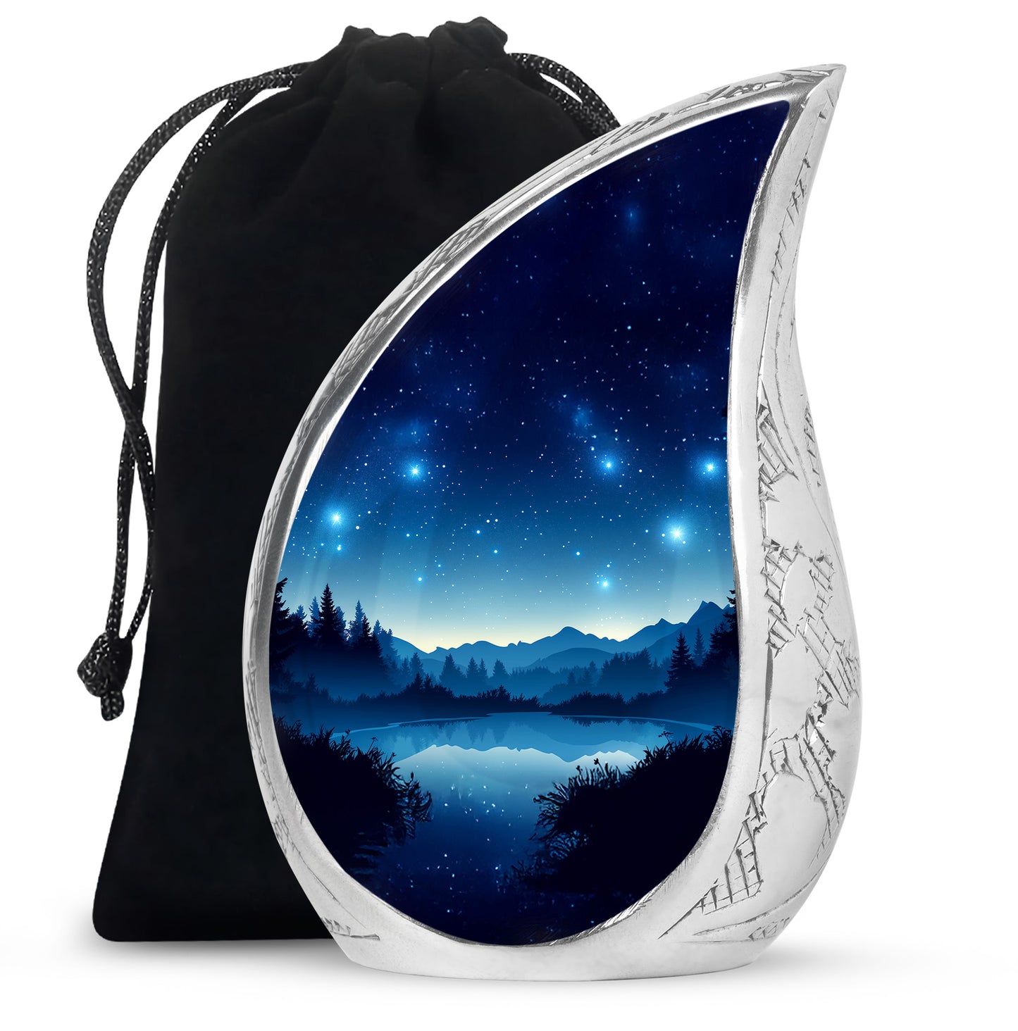 Royal Blue Blue Cremation Urn front view showing detailed design - graceful tear-shaped urn with blue motif - full-size 10 inch 200 cubic inch adult cremation urn