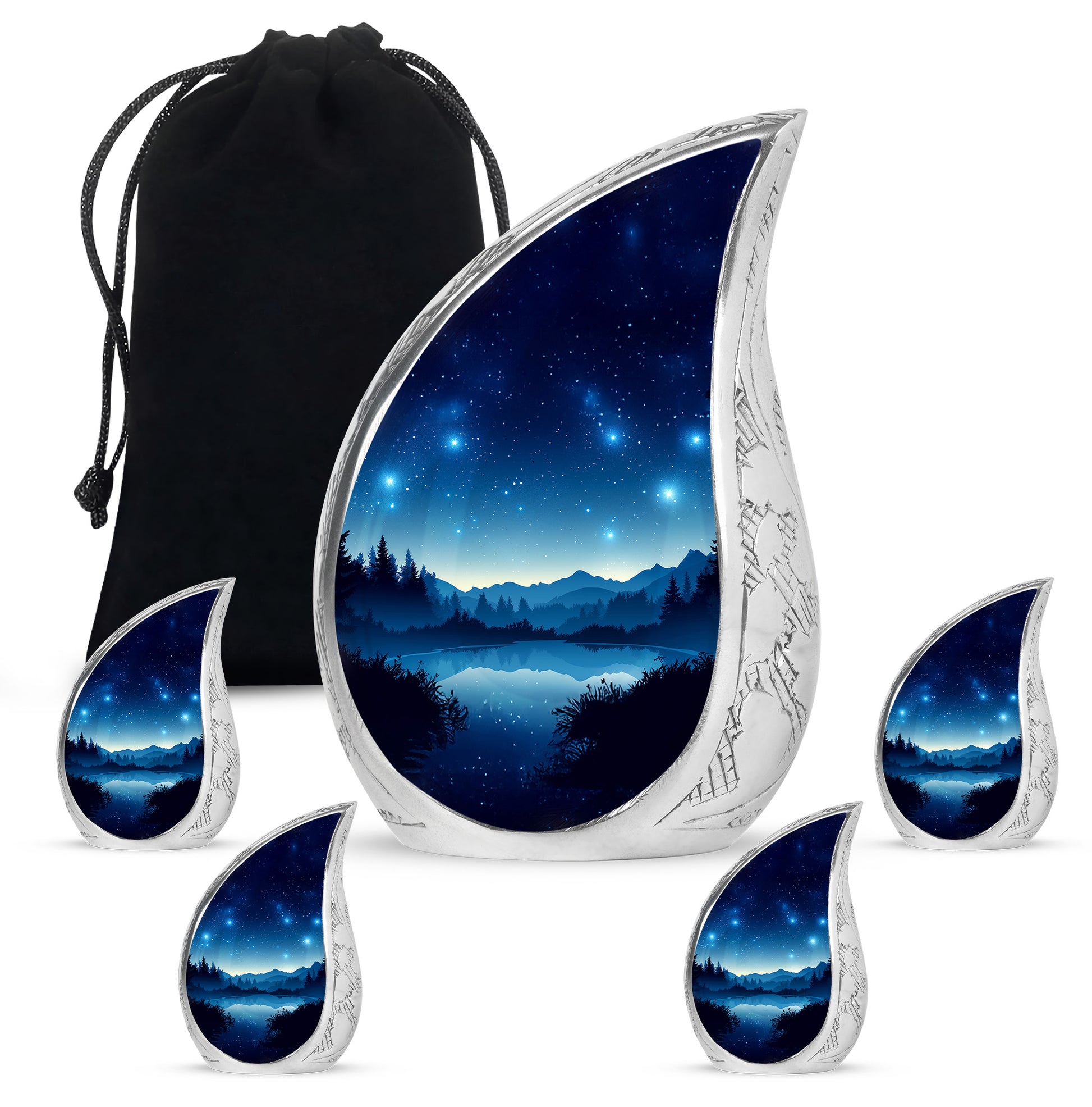 Serene Blue Blue Cremation Urn side profile showing urn shape - graceful tear-shaped urn with blue motif - memorial set with one large and four small urns