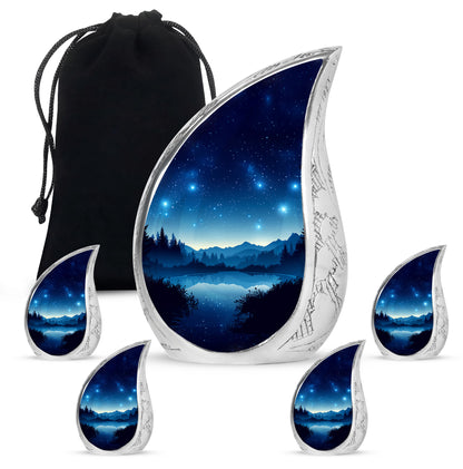 Serene Blue Blue Cremation Urn side profile showing urn shape - graceful tear-shaped urn with blue motif - memorial set with one large and four small urns