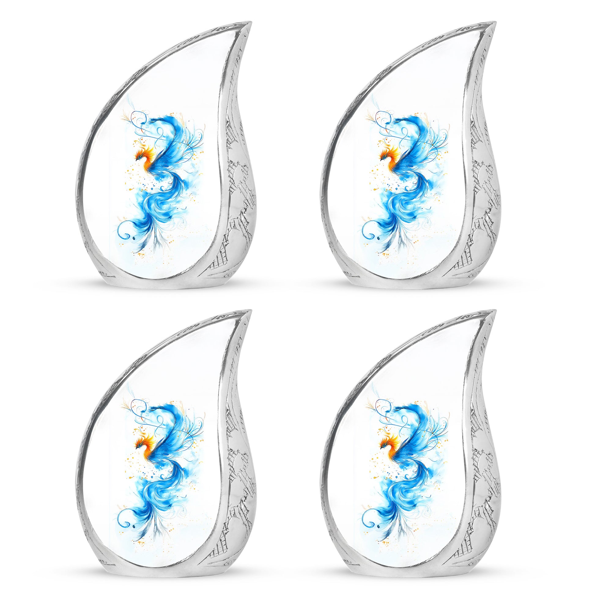 Antique Silver Blue Cremation Urn close-up of engraving and surface detail - smooth teardrop contour featuring blue art - 10 inch aluminum urn for cremated remains