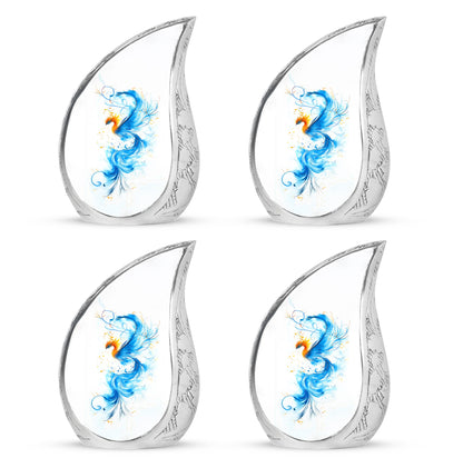 Antique Silver Blue Cremation Urn close-up of engraving and surface detail - smooth teardrop contour featuring blue art - 10 inch aluminum urn for cremated remains