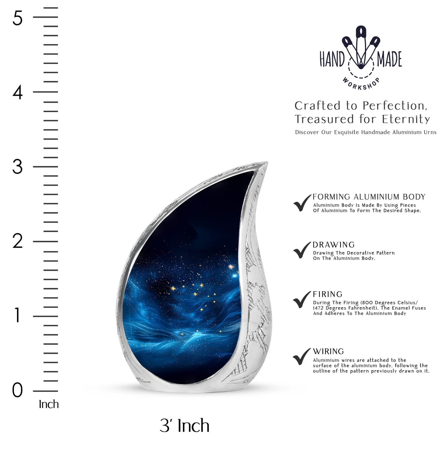 Rich Black Blue Cremation Urn angled view of lid and engraved motif - rounded teardrop blue design with delicate detail - mini keepsake memorial for portion of cremation ashes