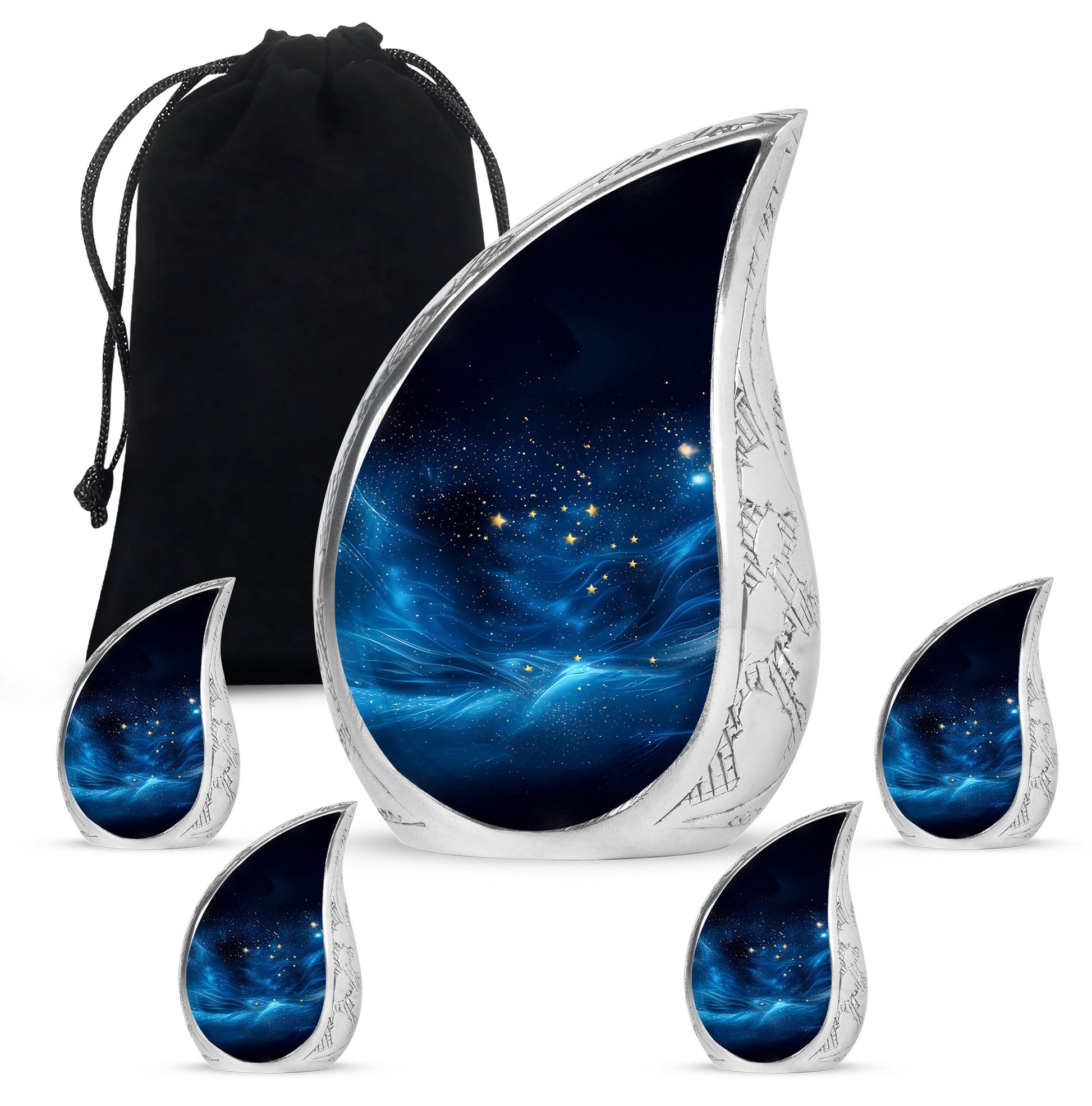 Obsidian Black Blue Cremation Urn side profile showing urn shape - graceful tear-shaped urn with blue motif - memorial set with one large and four small urns