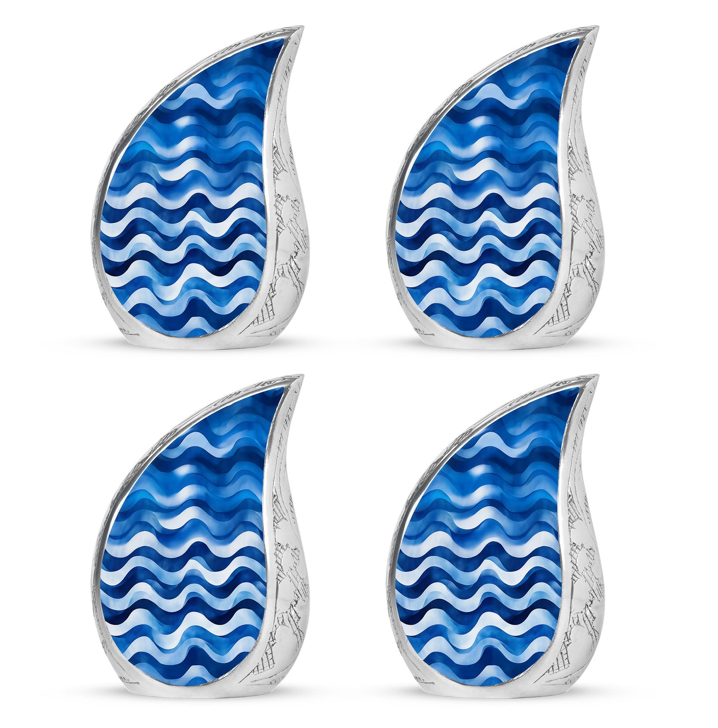 Icy Blue Blue Cremation Urn close-up of engraving and surface detail - rounded teardrop blue design with delicate detail - 10 inch aluminum urn for cremated remains