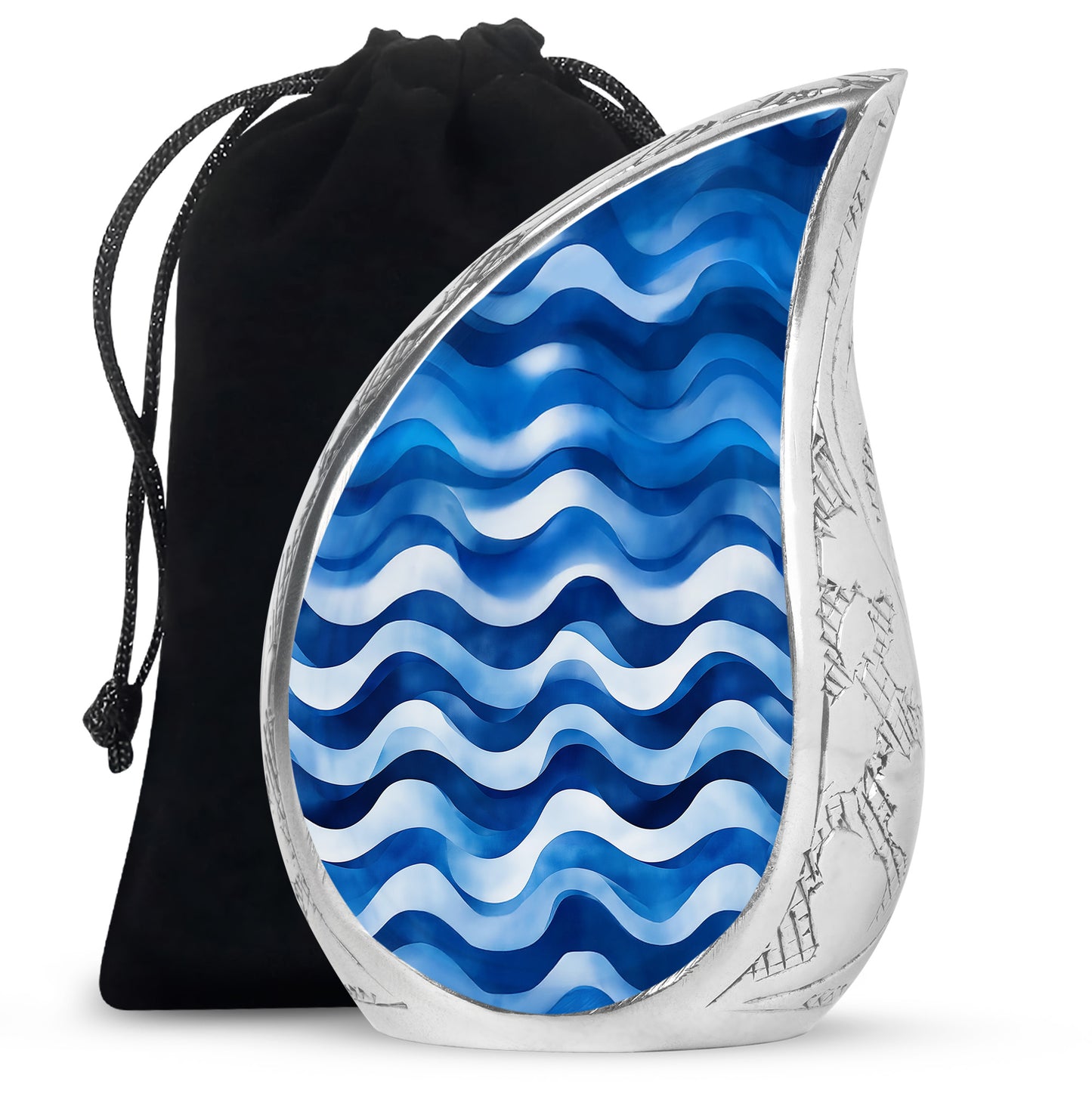 Powder Blue Blue Cremation Urn front view showing detailed design - flowing teardrop blue silhouette on curved aluminum - full-size 10 inch 200 cubic inch adult cremation urn