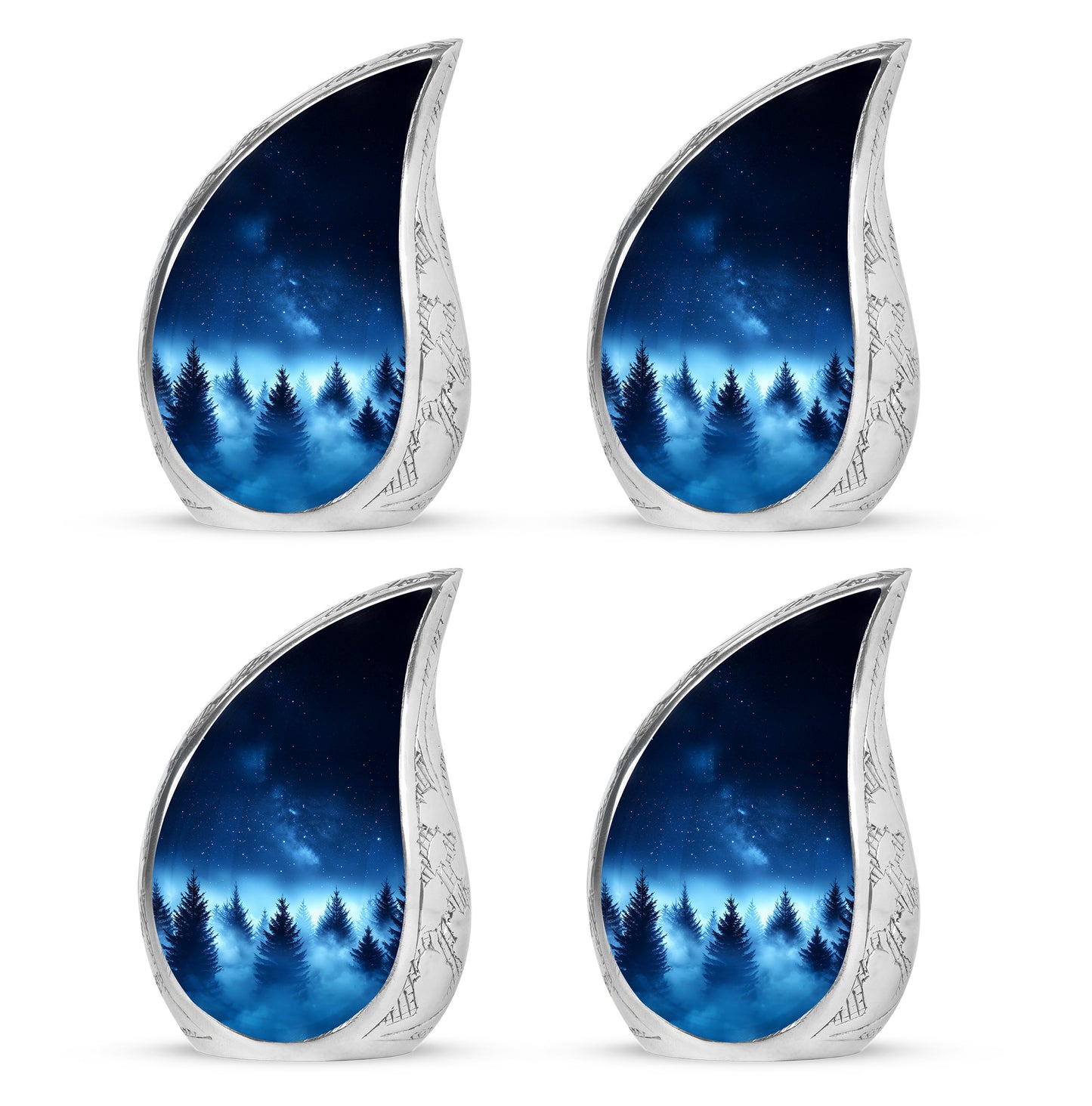 Twilight Blue Blue Cremation Urn close-up of engraving and surface detail - graceful tear-shaped urn with blue motif - 10 inch aluminum urn for cremated remains