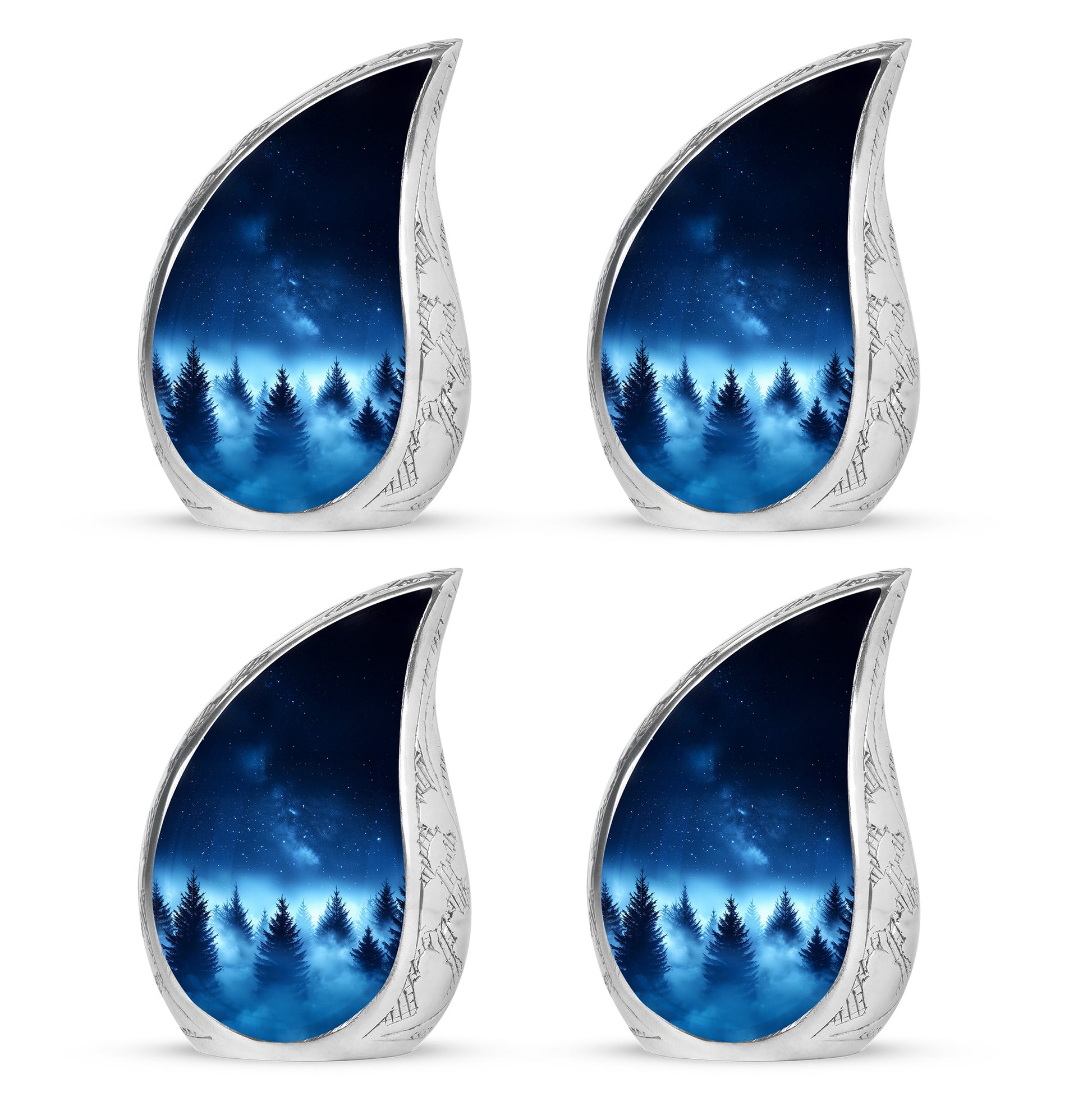 Twilight Blue Blue Cremation Urn close-up of engraving and surface detail - graceful tear-shaped urn with blue motif - 10 inch aluminum urn for cremated remains