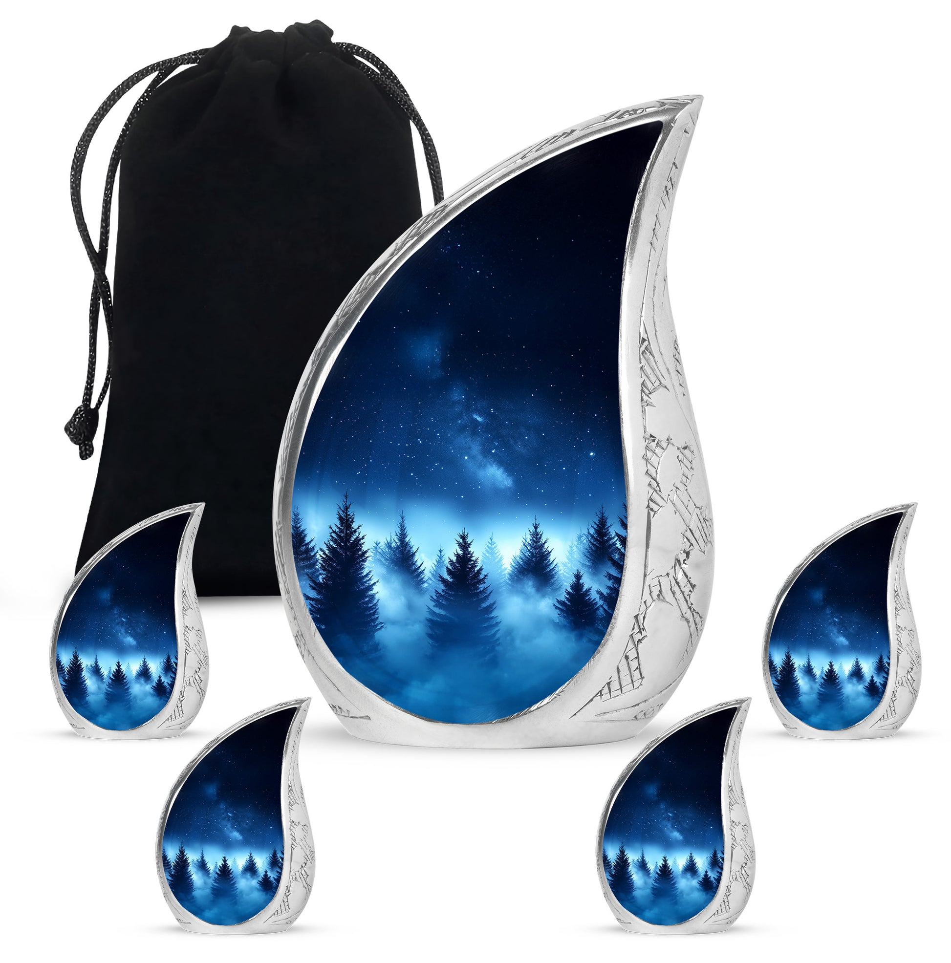 Navy Blue Blue Cremation Urn side profile showing urn shape - flowing teardrop blue silhouette on curved aluminum - memorial set with one large and four small urns