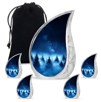 Navy Blue Blue Cremation Urn side profile showing urn shape - flowing teardrop blue silhouette on curved aluminum - memorial set with one large and four small urns