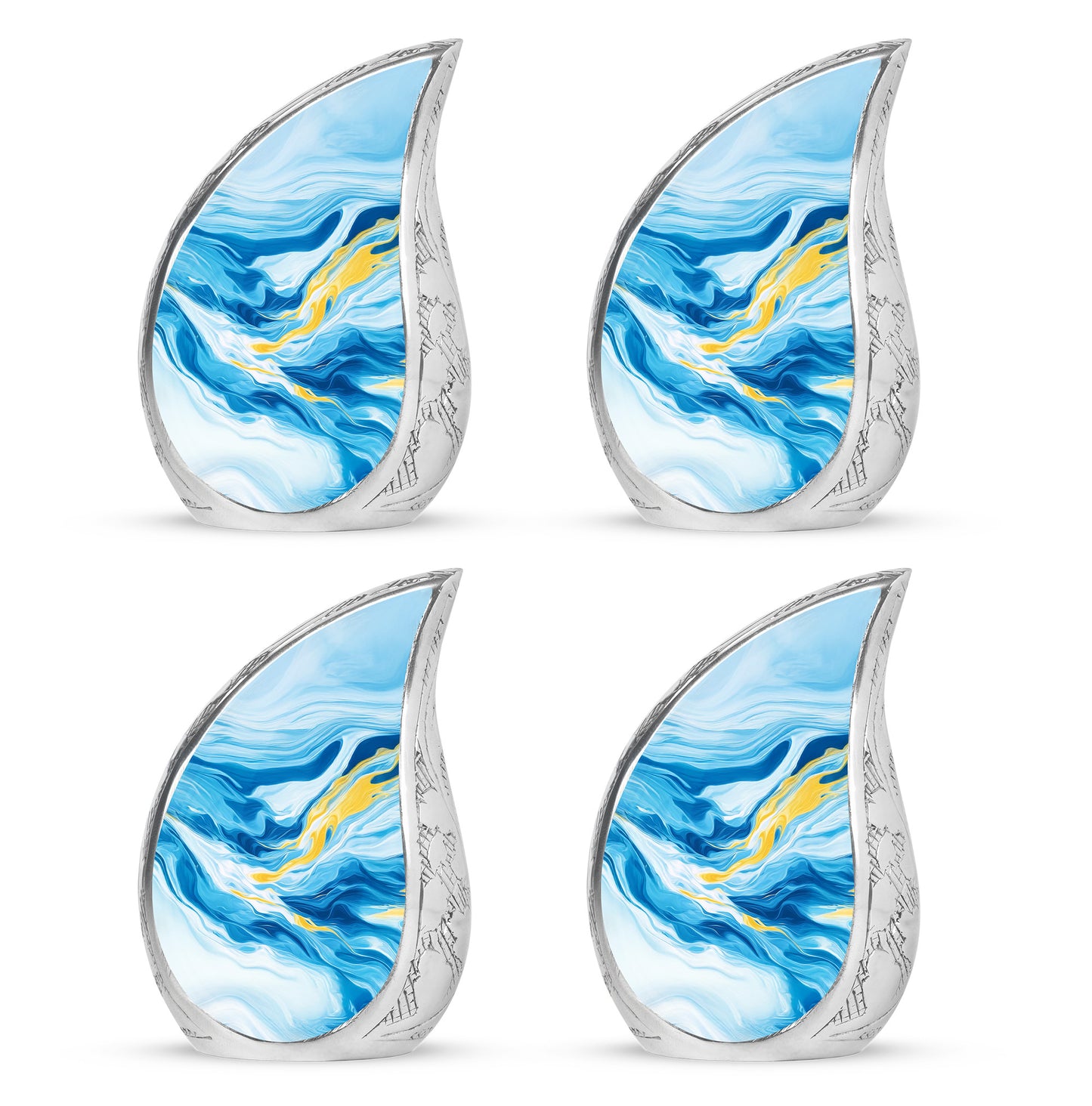 Indigo Blue Cremation Urn close-up of engraving and surface detail - rounded teardrop blue design with delicate detail - 10 inch aluminum urn for cremated remains
