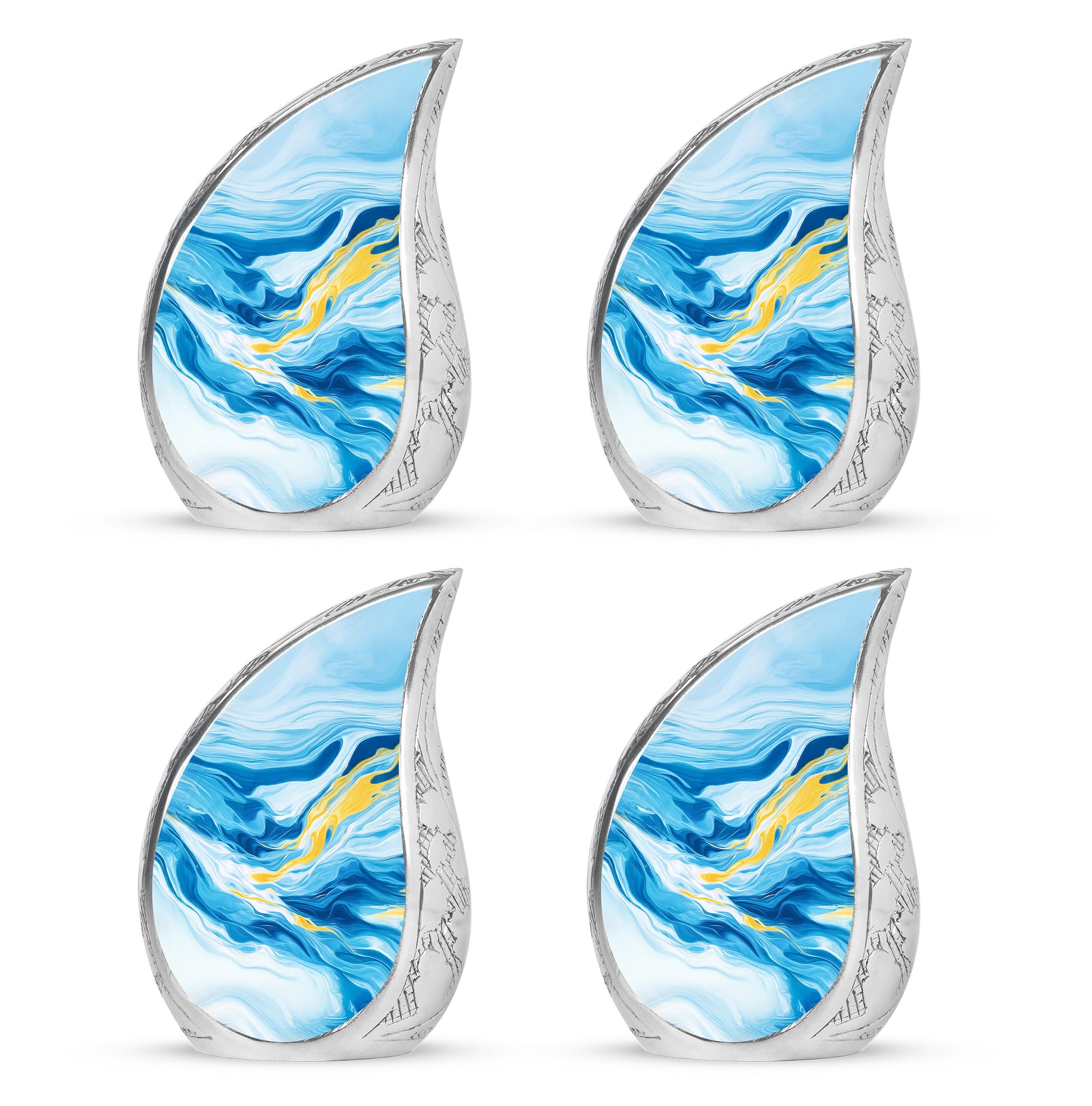 Indigo Blue Cremation Urn close-up of engraving and surface detail - rounded teardrop blue design with delicate detail - 10 inch aluminum urn for cremated remains