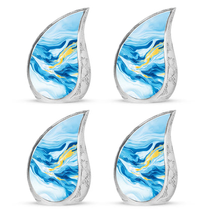 Indigo Blue Cremation Urn close-up of engraving and surface detail - rounded teardrop blue design with delicate detail - 10 inch aluminum urn for cremated remains