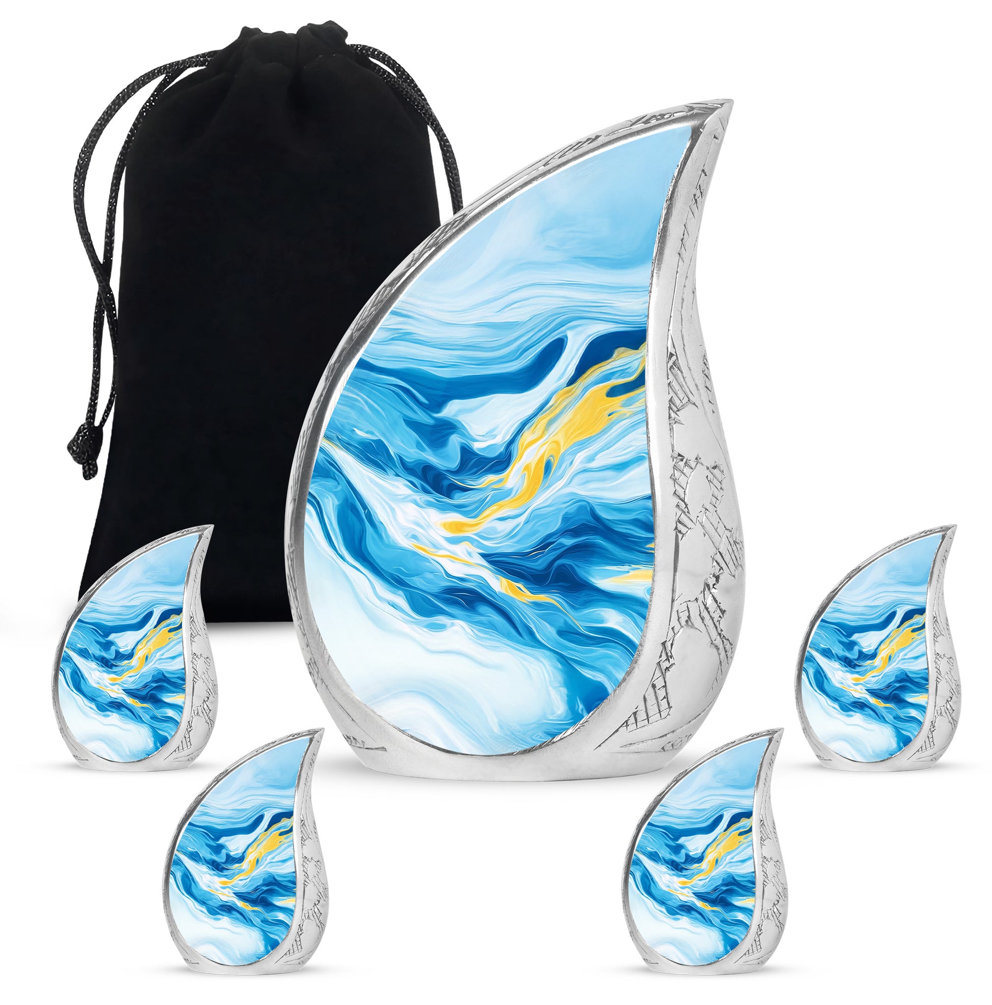 Serene Blue Blue Cremation Urn side profile showing urn shape - smooth teardrop contour featuring blue art - memorial set with one large and four small urns