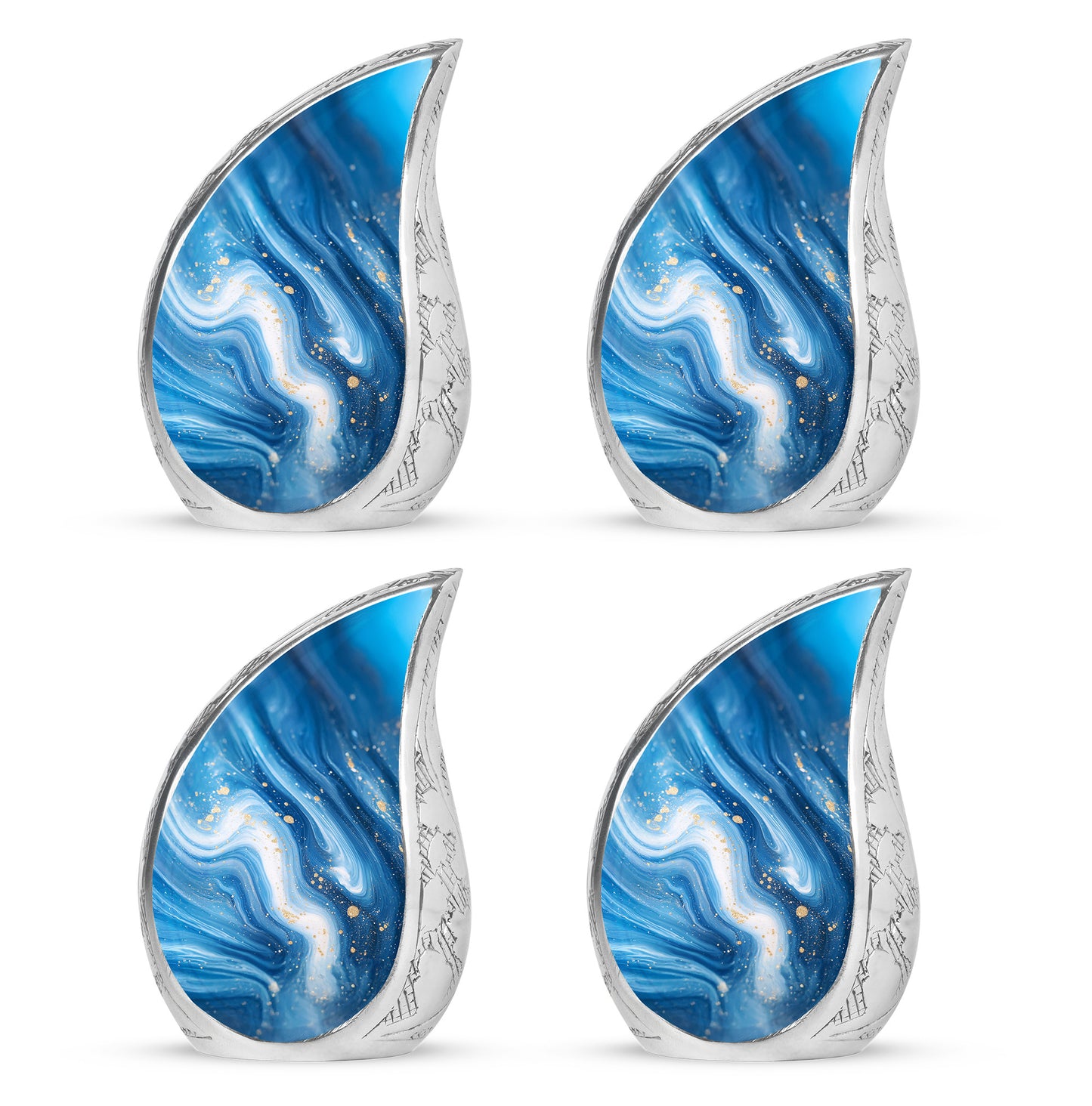 Dusty Blue Blue Cremation Urn close-up of engraving and surface detail - flowing teardrop blue silhouette on curved aluminum - 10 inch aluminum urn for cremated remains
