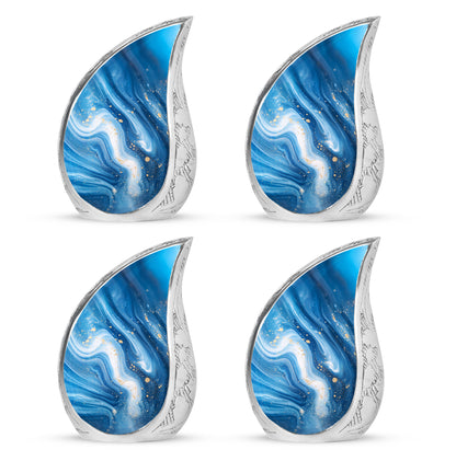 Dusty Blue Blue Cremation Urn close-up of engraving and surface detail - flowing teardrop blue silhouette on curved aluminum - 10 inch aluminum urn for cremated remains