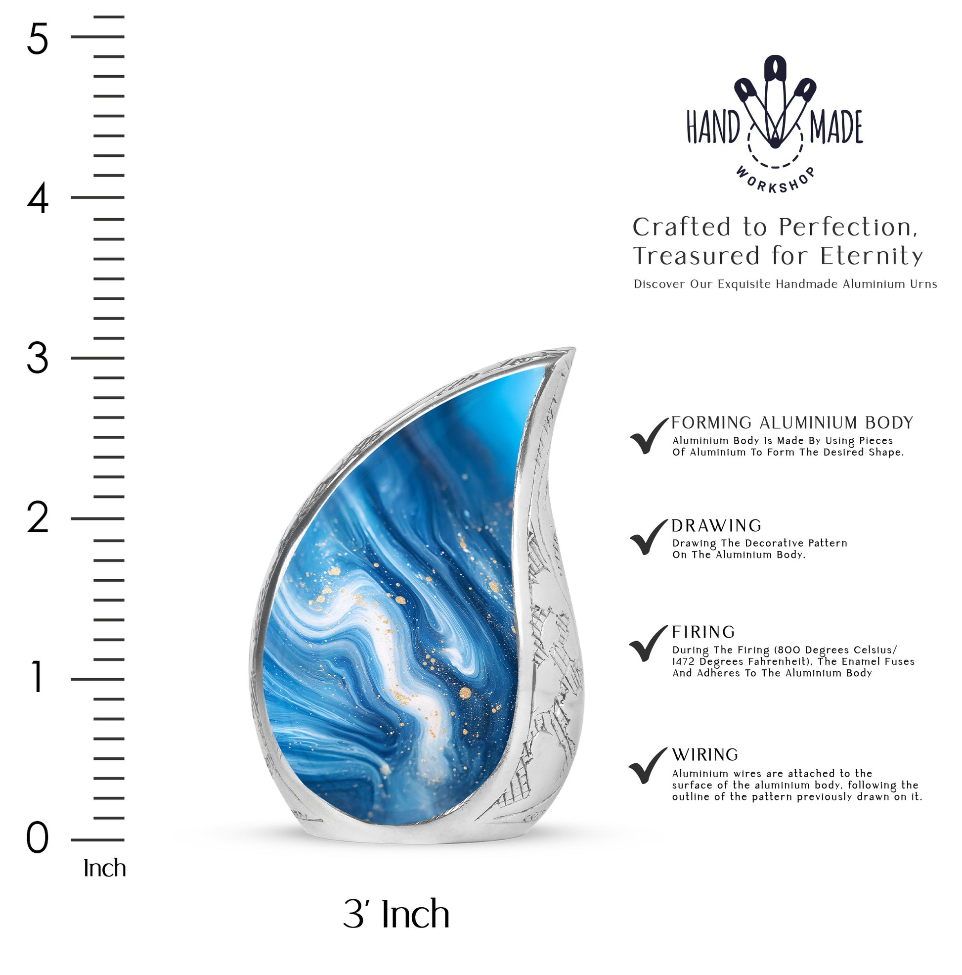 Misty Blue Blue Cremation Urn angled view of lid and engraved motif - rounded teardrop blue design with delicate detail - mini keepsake memorial for portion of cremation ashes