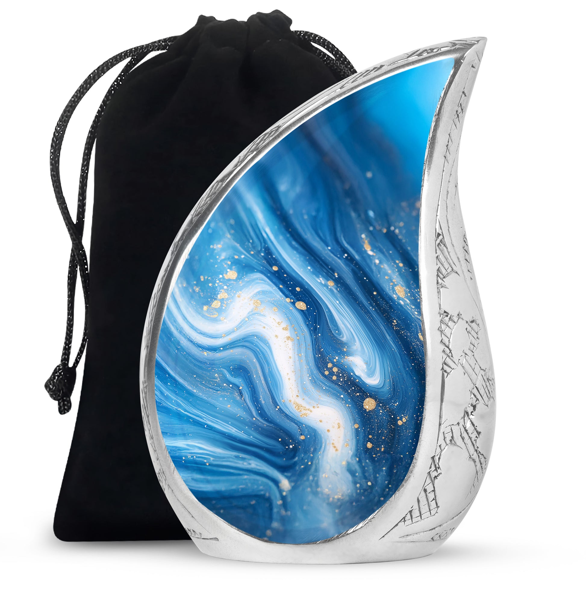 Sky Blue Blue Cremation Urn front view showing detailed design - flowing teardrop blue silhouette on curved aluminum - full-size 10 inch 200 cubic inch adult cremation urn