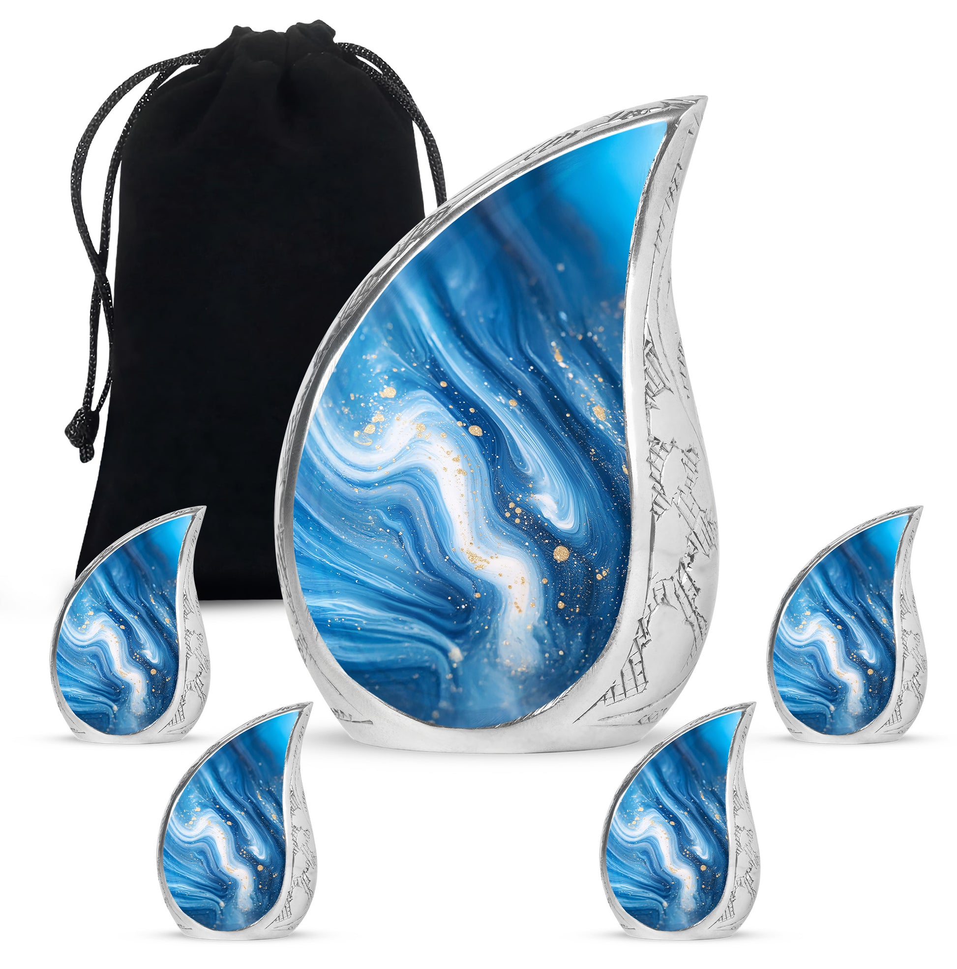 Cobalt Blue Blue Cremation Urn side profile showing urn shape - graceful tear-shaped urn with blue motif - memorial set with one large and four small urns