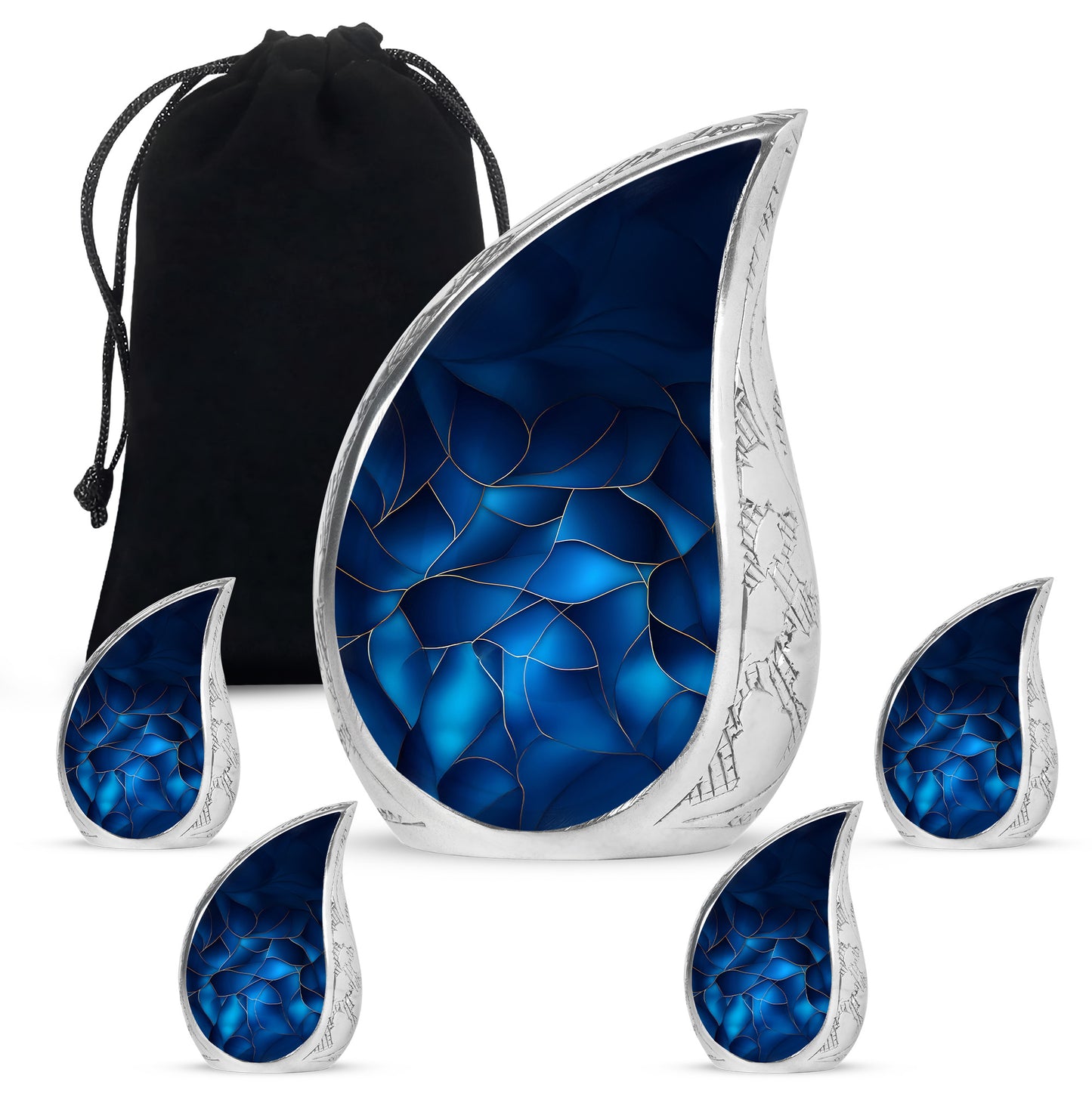 Azure Blue Cremation Urn side profile showing urn shape - rounded teardrop blue design with delicate detail - memorial set with one large and four small urns