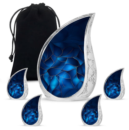 Azure Blue Cremation Urn side profile showing urn shape - rounded teardrop blue design with delicate detail - memorial set with one large and four small urns