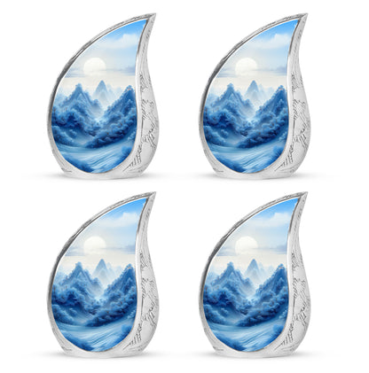 Chrome Silver Blue Cremation Urn close-up of engraving and surface detail - smooth teardrop contour featuring blue art - 10 inch aluminum urn for cremated remains