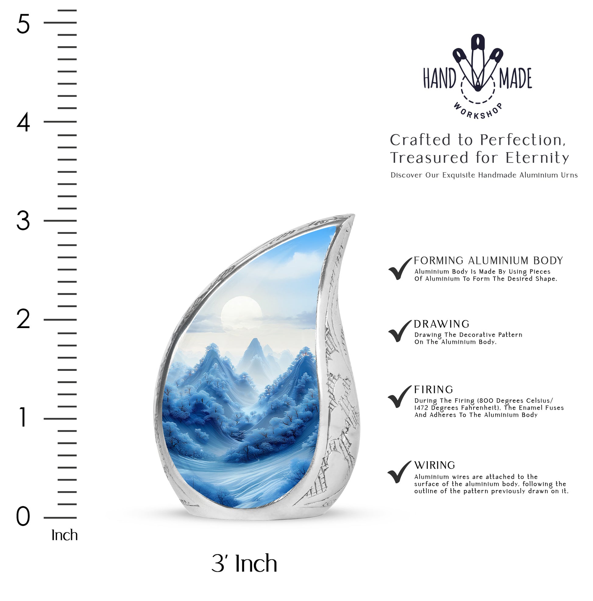 Chrome Silver Blue Cremation Urn angled view of lid and engraved motif - smooth teardrop contour featuring blue art - mini keepsake memorial for portion of cremation ashes