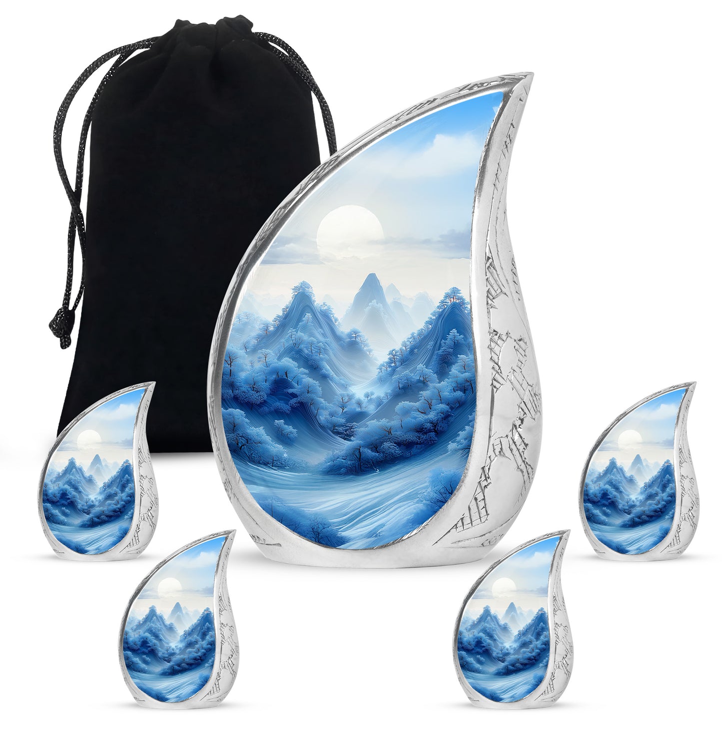 Sterling Silver Blue Cremation Urn side profile showing urn shape - flowing teardrop blue silhouette on curved aluminum - memorial set with one large and four small urns