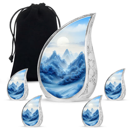 Sterling Silver Blue Cremation Urn side profile showing urn shape - flowing teardrop blue silhouette on curved aluminum - memorial set with one large and four small urns